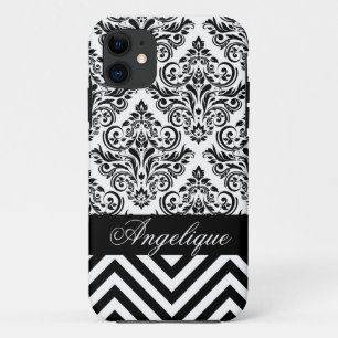 Chevron Damask Designer black   white iPhone 11 Case