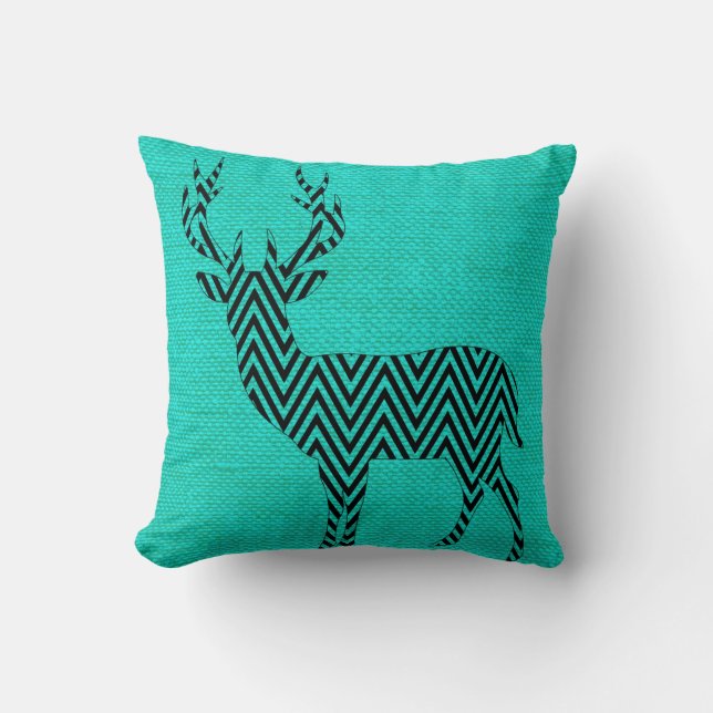 Chevron Deer Silhouette on Burlap | aqua teal Cushion (Front)