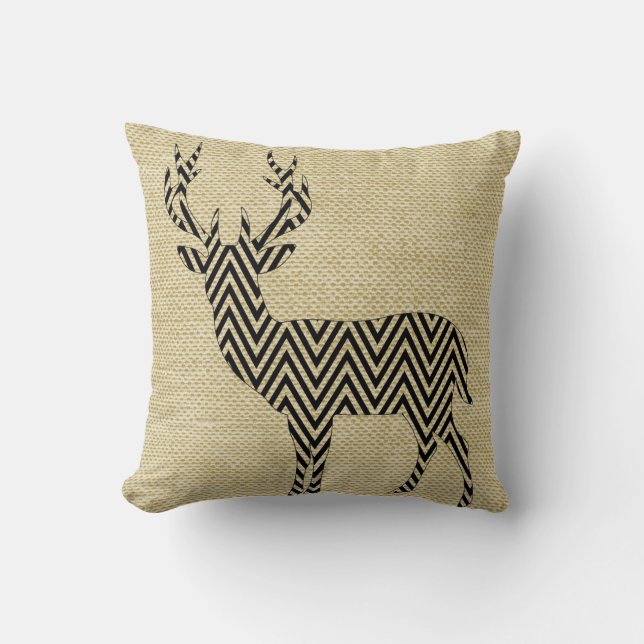 Chevron Deer Silhouette on Burlap | oatmeal Cushion (Front)