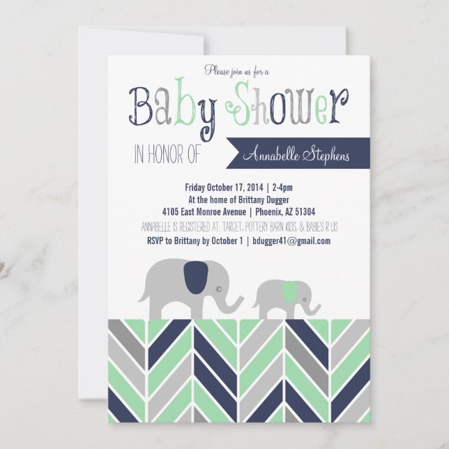 Chevron Elephant Baby Shower Invitation Navy Mint (Front)