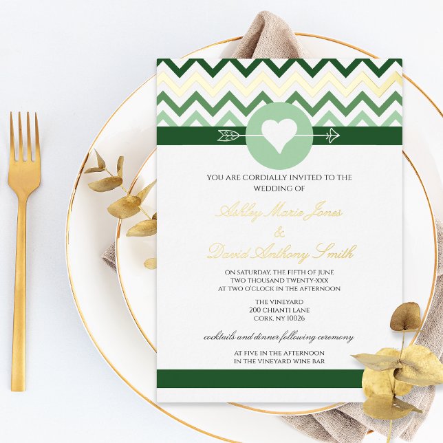 Chevron Emerald Green Gold Foil Wedding Invitation (Creator Uploaded)