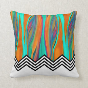 Chevron Flame   aqua orange violet black white Cushion