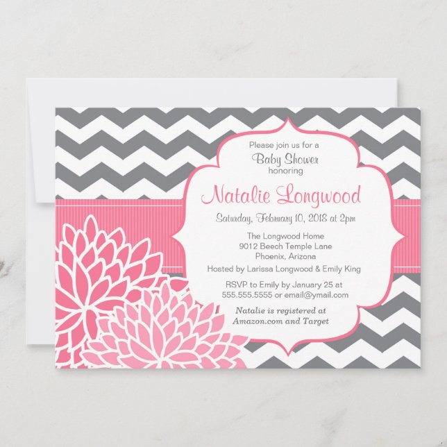 Chevron Floral baby or bridal shower hot pink Invitation (Front)