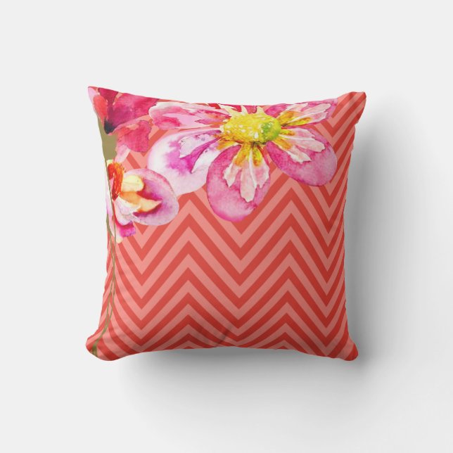 Chevron Floral | peach coral Cushion (Front)