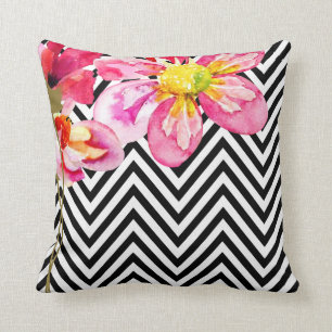 Chevron Floral Watercolor Flowers   black & white Cushion