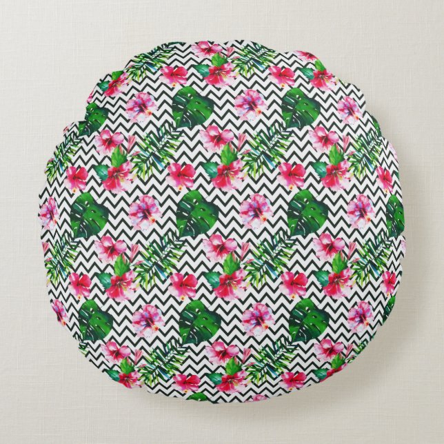 Chevron Geometric Summer Tropical Floral Round Cushion (Front)