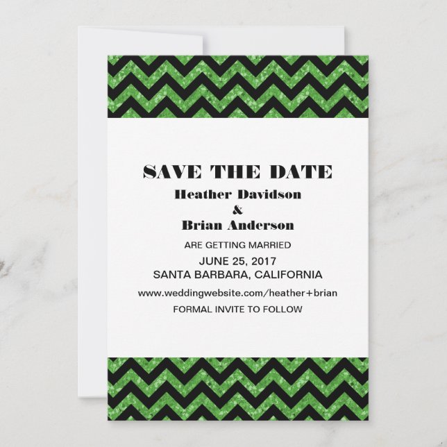 Chevron Glitter Save the Date Invite, Green Invitation (Front)