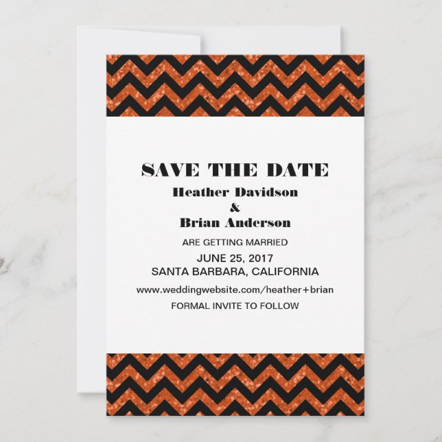Chevron Glitter Save the Date Invite, Orange Invitation (Front)