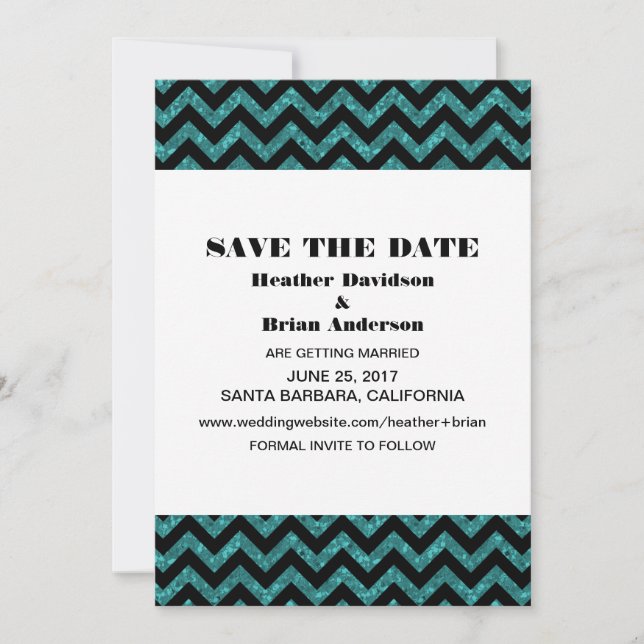 Chevron Glitter Save the Date Invite, Teal Invitation (Front)