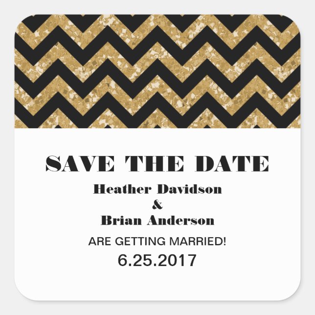 Chevron Glitter Save the Date Stickers, Gold Square Sticker (Front)