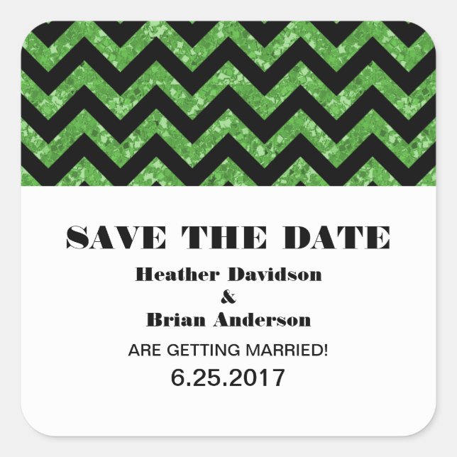 Chevron Glitter Save the Date Stickers, Green Square Sticker (Front)