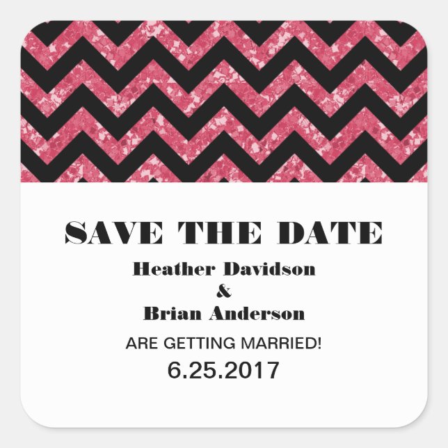 Chevron Glitter Save the Date Stickers, Pink Square Sticker (Front)