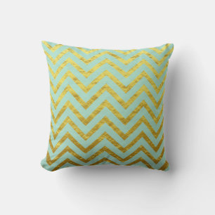 Chevron Gold Foil Teal Blue Patterns Glittery Cool Cushion