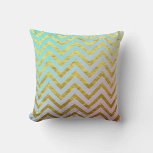 Chevron Gold Foil Teal Blue Pink Ombre Girly Chic Cushion