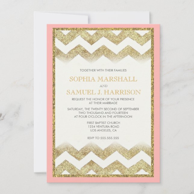 Chevron Gold Glitter Wedding Invitation (Front)