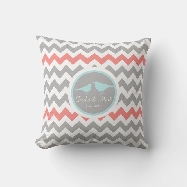 Chevron Grey Aqua White Bird Wedding Pillow (Front)