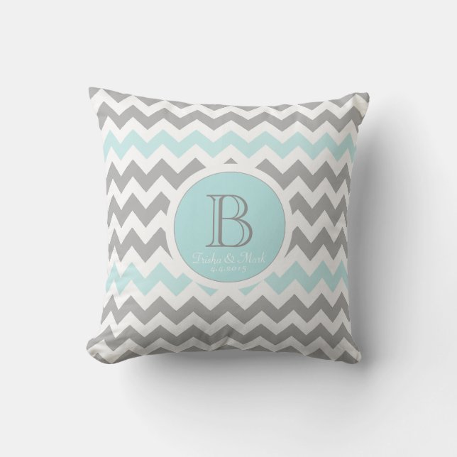 Chevron Grey Aqua White Monogram Wedding Pillow (Front)