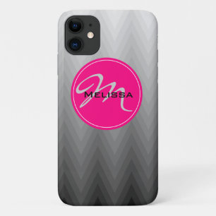 Chevron Grey ombre pattern Pink Monogram Name iPhone 11 Case