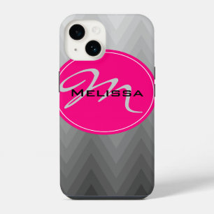 Chevron Grey ombre pattern Pink Monogram Name iPhone Case
