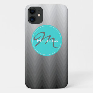 Chevron grey ombre pattern Turquoise Monogram Name iPhone 11 Case