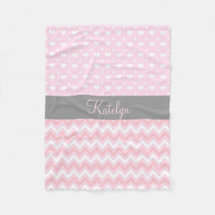 Chevron Hearts Pattern Pink Grey   Monogram Fleece Blanket