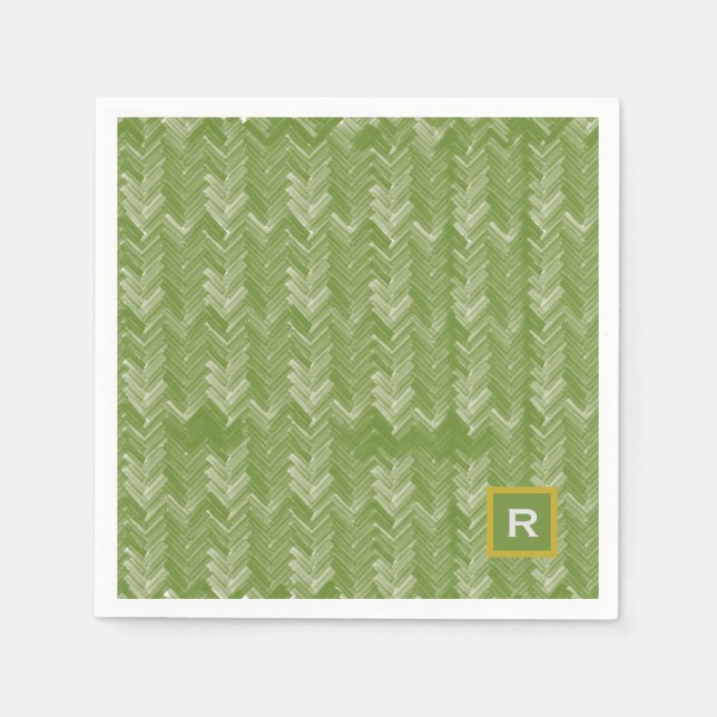 Chevron Herringbone Pattern Forest Green Initial Napkin (Front)