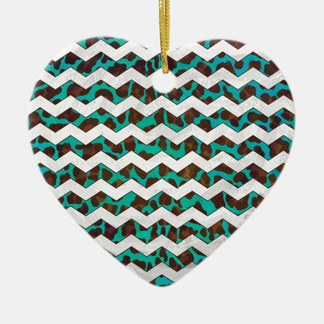 Chevron Leopard Brown and Teal Print Ceramic Tree Decoration (Front)