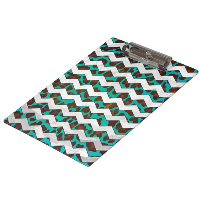 Chevron Leopard Brown and Teal Print Clipboard (Angled)