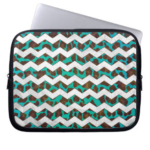 Chevron Leopard Brown and Teal Print Laptop Sleeve