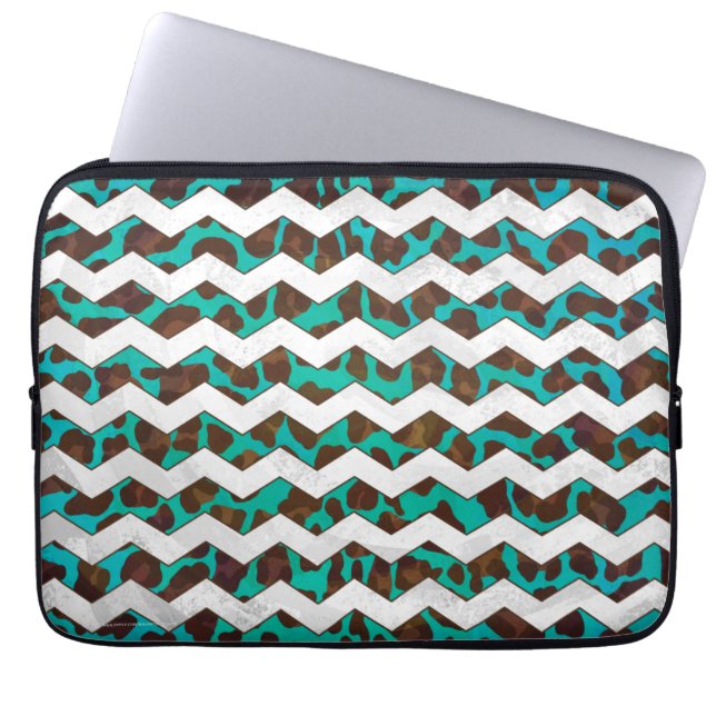 Chevron Leopard Brown and Teal Print Laptop Sleeve (Front)