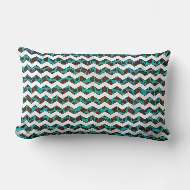 Chevron Leopard Brown and Teal Print Lumbar Cushion (Front)