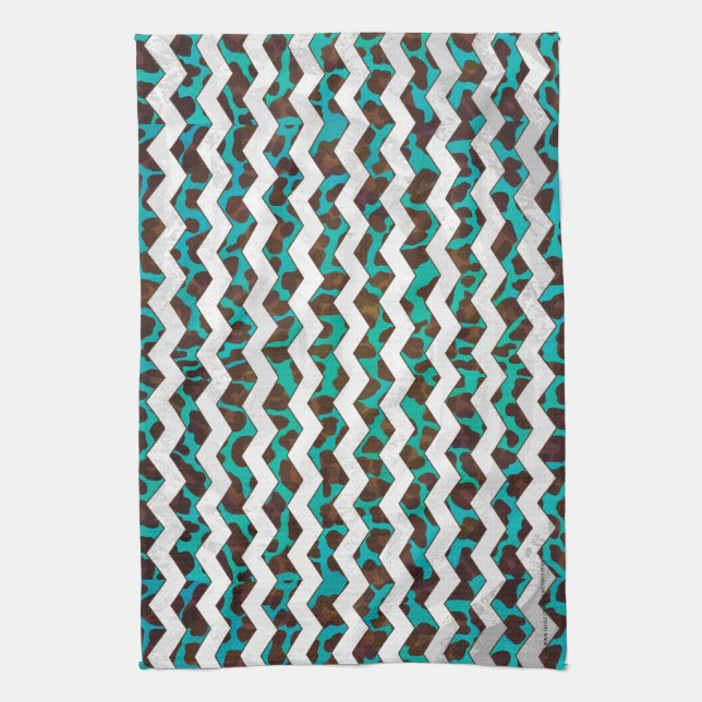 Chevron Leopard Brown and Teal Print Tea Towel (Vertical)