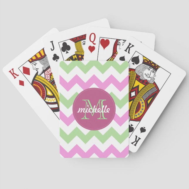 Chevron Light Pink Green Monogram Circle Stitches Playing Cards (Back)