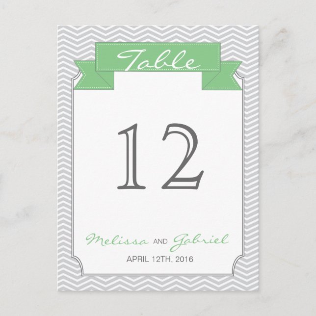 Chevron Mint and Grey Wedding Table Number Postcard (Front)