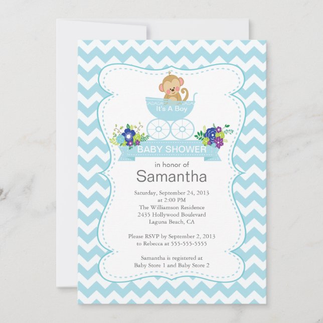 Chevron Monkey In Carriage Boys Baby Shower Invitation (Front)