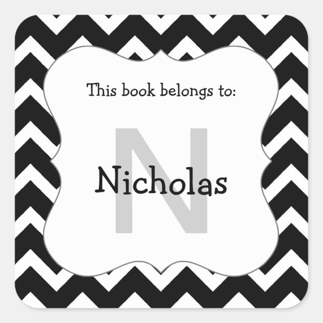 Chevron monogram book plate stickers black white (Front)