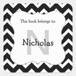 Chevron monogram book plate stickers black white