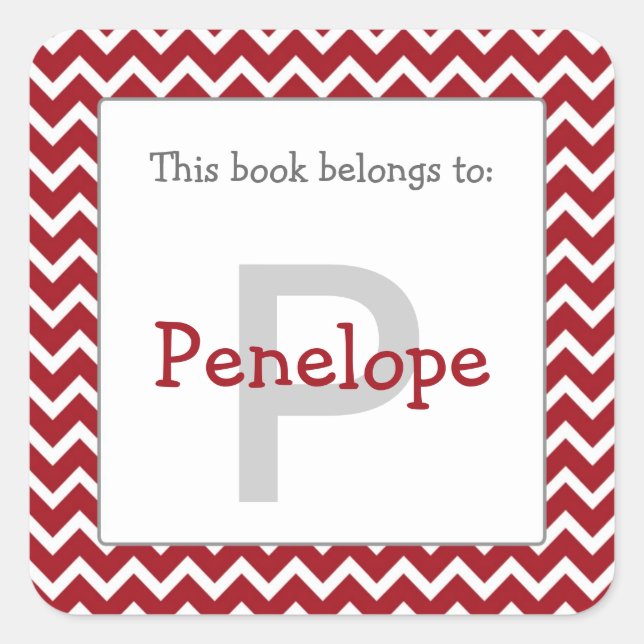 Chevron Monogram Bookplate Sticker burgundy red (Front)