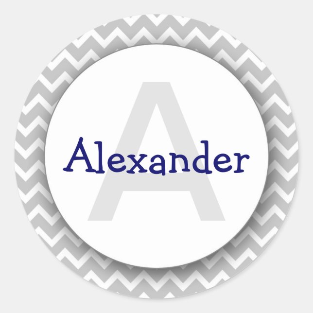 Chevron Monogram Bookplate Sticker grey navy (Front)