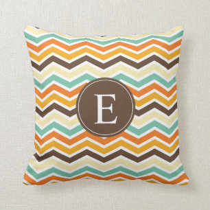 Chevron Monogram Brown Orange Turquoise Cushion