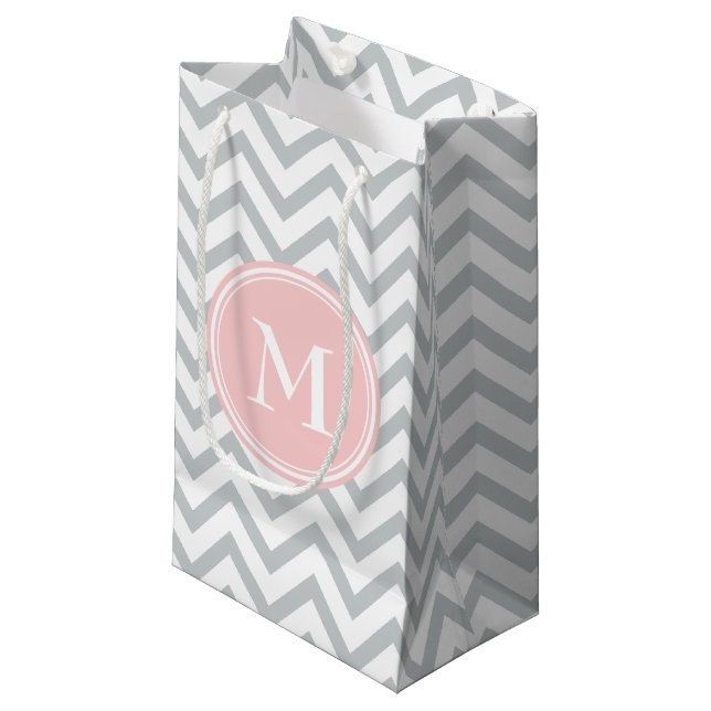 Chevron Monogram Pink and Grey Small Gift Bag (Front Angled)