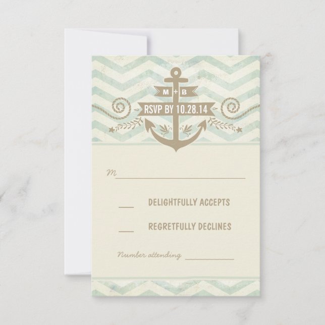 chevron nautical wedding old anchor RSVP cards (Front)