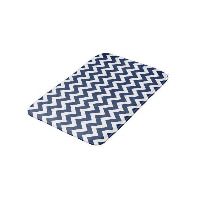Chevron Navy Blue White Modern Pattern Bath Mat (Angled)
