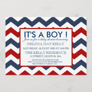 Chevron Navy & Red Nautical Baby Shower Invitation