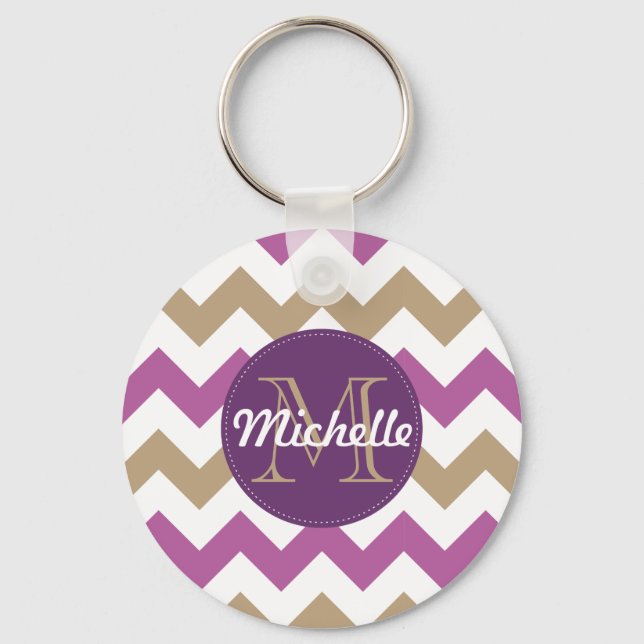 Chevron Orchid Champagne Monogram Circle Stitches Key Ring (Front)