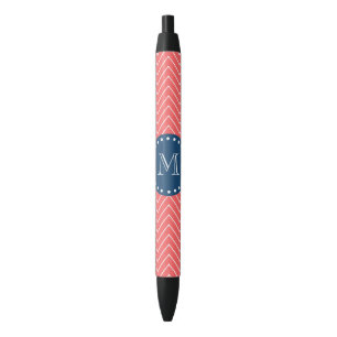 Chevron Pattern 2A Monogram Coral, Navy Blue Black Ink Pen