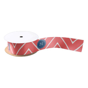 Chevron Pattern 2A Monogram Coral, Navy Blue Satin Ribbon