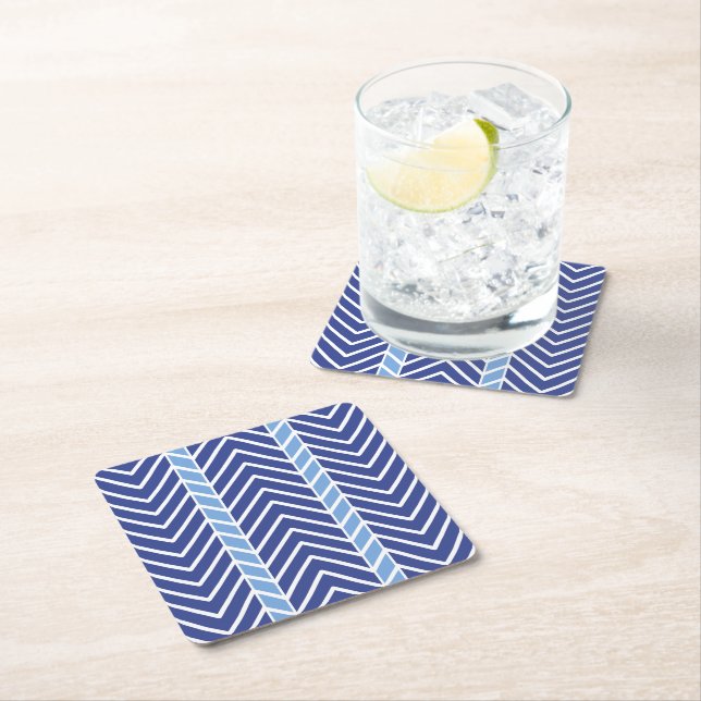 Chevron Pattern Blue Square Paper Coaster (Insitu)