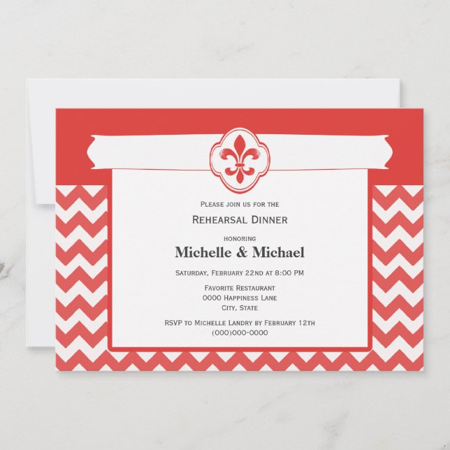 Chevron Pattern Fleur de Lis Event Red and White Invitation (Front)