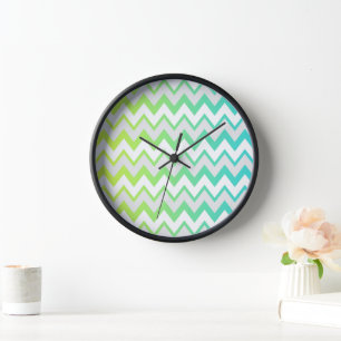 Chevron pattern green teal aqua ombre elegant clock